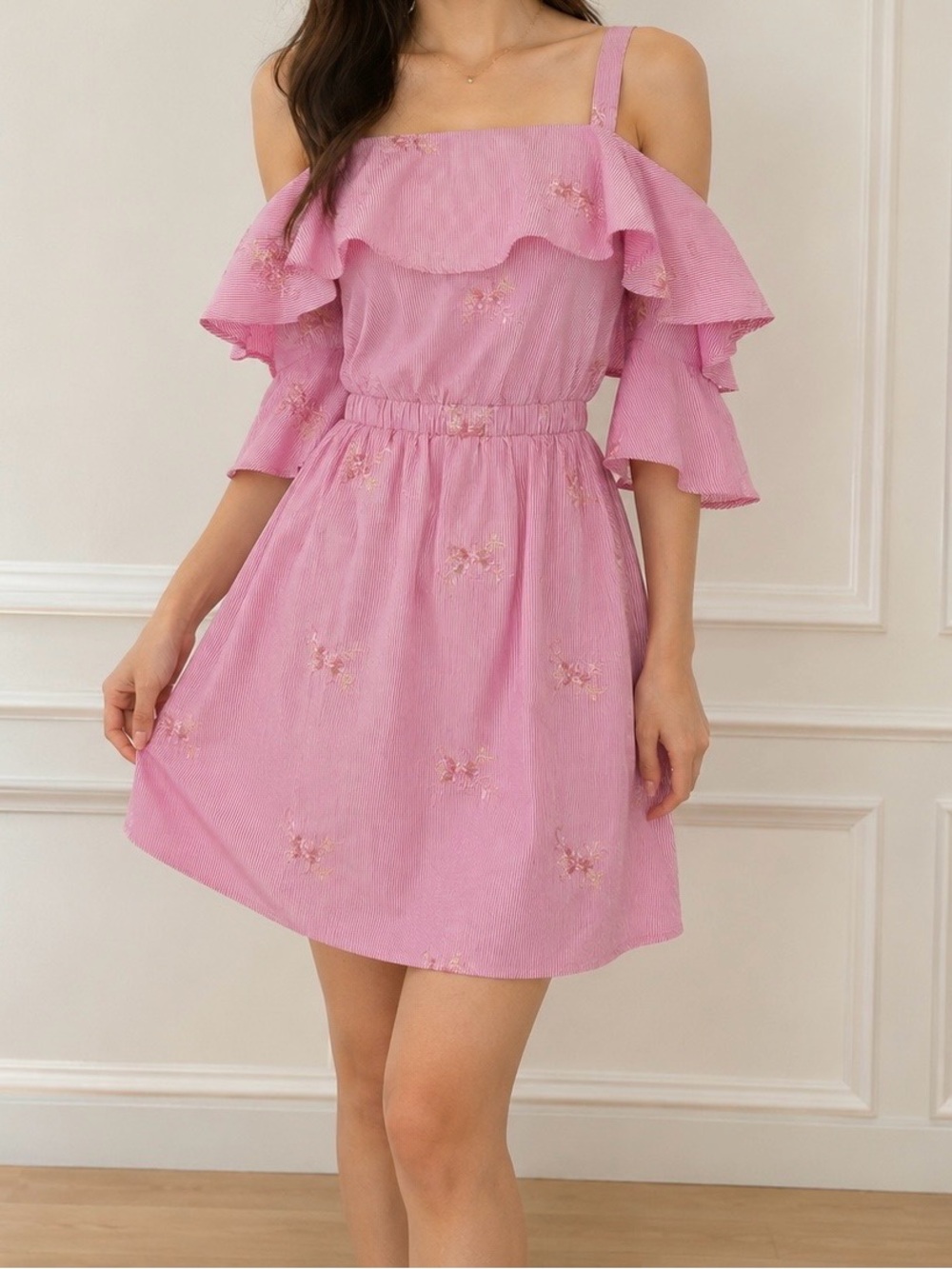 Romeo & Juliet Couture Pink Floral Off Shoulder Dress with floral embroidery S